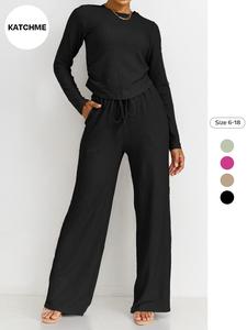 Casual Plain Round Neck Textured Long Sleeve Top & Wide Leg Trousers Co-ord