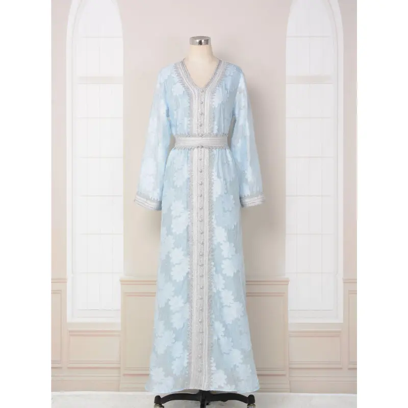 2025V Collar Temperament Dress Middle East Jacquard Rhinestone Silver Lace Robe Abaya 5