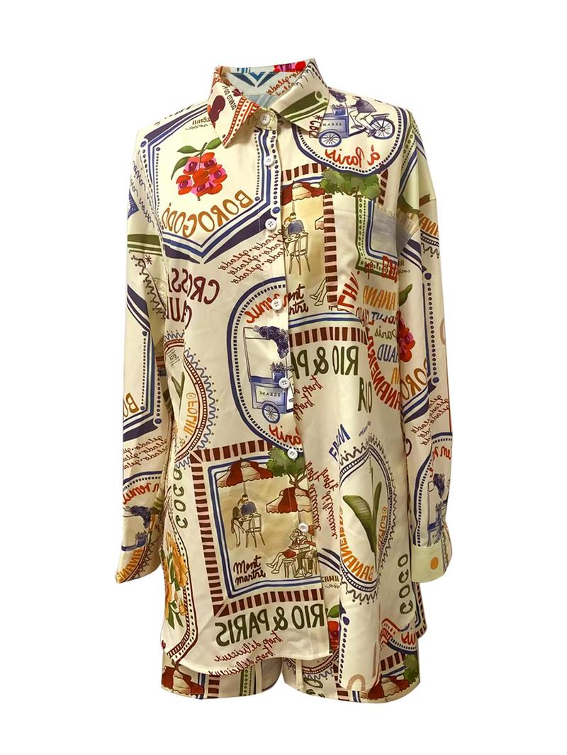 Product Introduction of Women's All Over Print Button Front Blouse & Drawstring Waist Shorts Two-Piece Set, Boho Casual Drop Shoulder Long Sleeve Top & High Waist Shorts for Summer, Ladies Clothes for Vacation Holiday 6