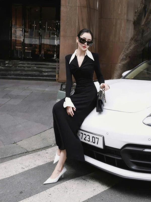 D671 ĐẦM THIẾT KẾ BIGSIZE DÁNG DÀI CỔ V PHỐI TAY LOE TRẮNG (TÁO ĐỎ BIGSIZE 55-90KG) 6