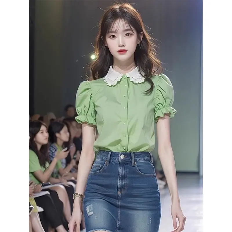 Quần Áo Nữ Mùa Hè Áo Sơ Mi ngắn Tay Cổ Peter Pan Màu Xanh Lá Cây Nhạt Thiết Kế Đẹp Mới 2024 Áo Sơ Mi Nhỏ Trẻ Trung Đẹp Giấu Bụng 2