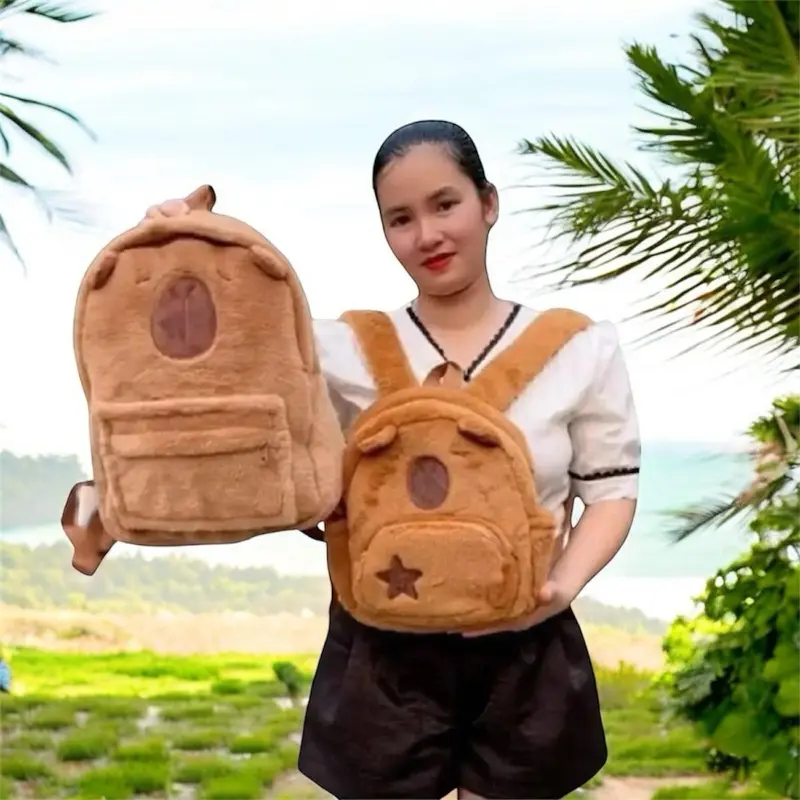 Balo capybara lông xù hình hoạt hình dễ thương mẫu 0.0 Backpack Nhung Đeo Vai Da hocsinh nâu