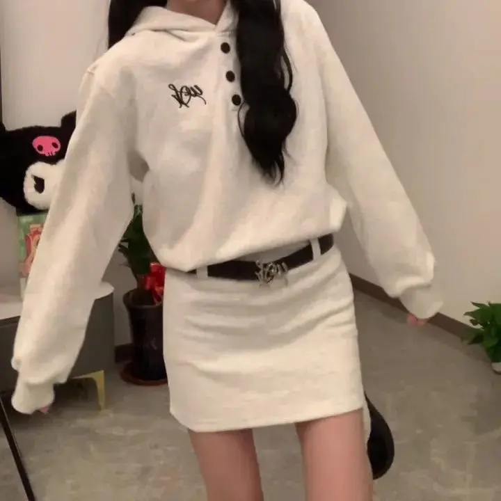 Korean Style Preppy Style Suit High-Grade Loose Autumn and Winter Wild Hooded Sweater Dress Female Two-Piece Suit