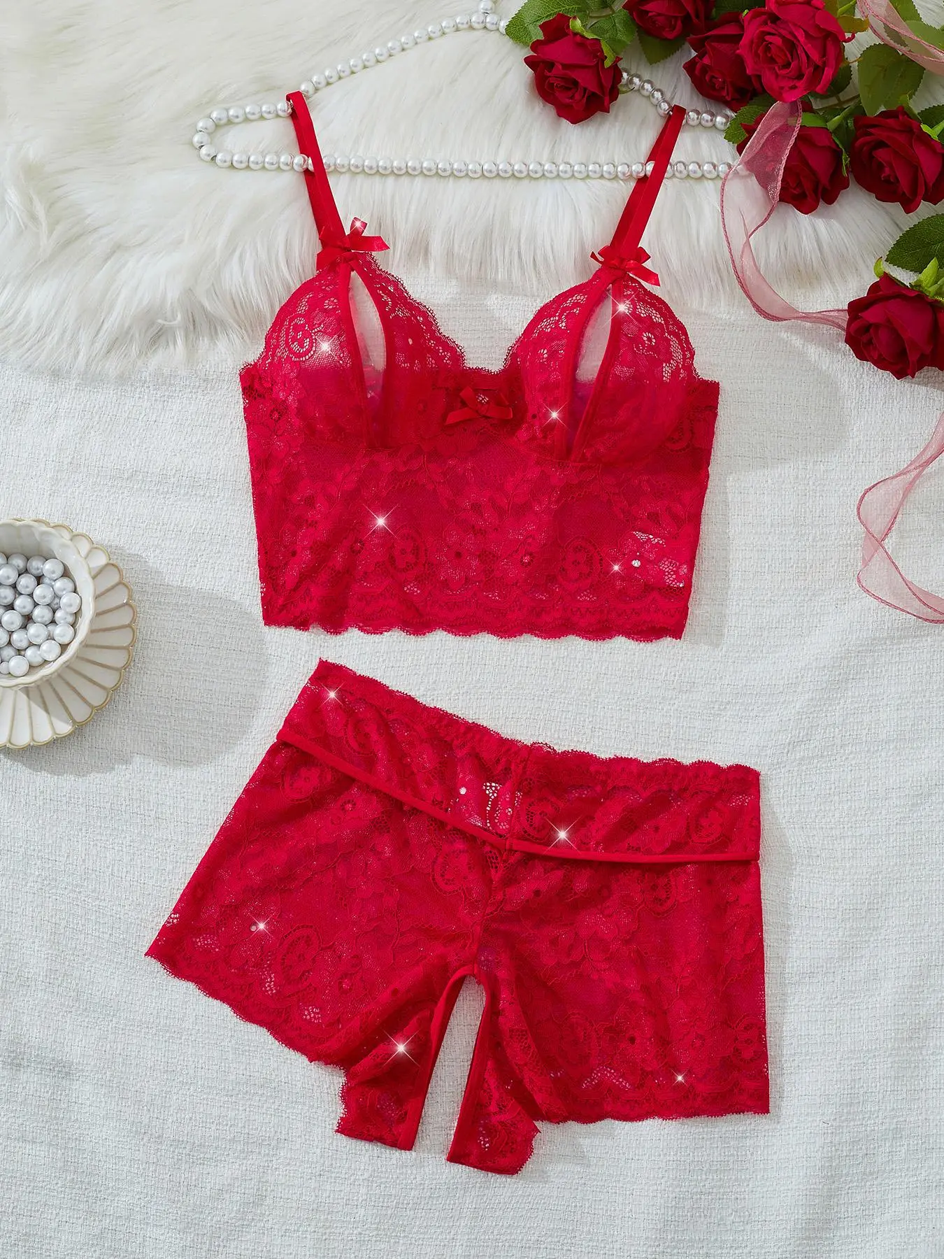 Women's Solid Color  Floral  Lace Sexy Lingerie Two-piece Set, High Stretch Sexy Comfy Breathable Bow Decor Adjustable Strap Backless Bra & Open Crotch  Panty for Romantic Night, Women Sexy Lingeries & Costumes