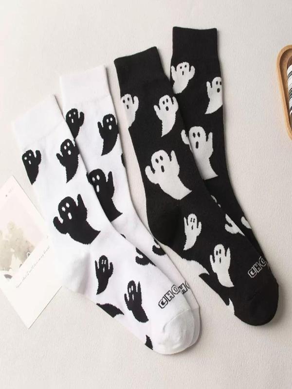Women's Streetwear Halloween Ghost Print Crew Socks, Y2K Wear Streetwear, Mid-calf Long Socks, Women Socks for All Seasons, 2024 Trendy Matching Seamless Socks, Autumn Wear Autumn Winter Wear, Womenswear 0