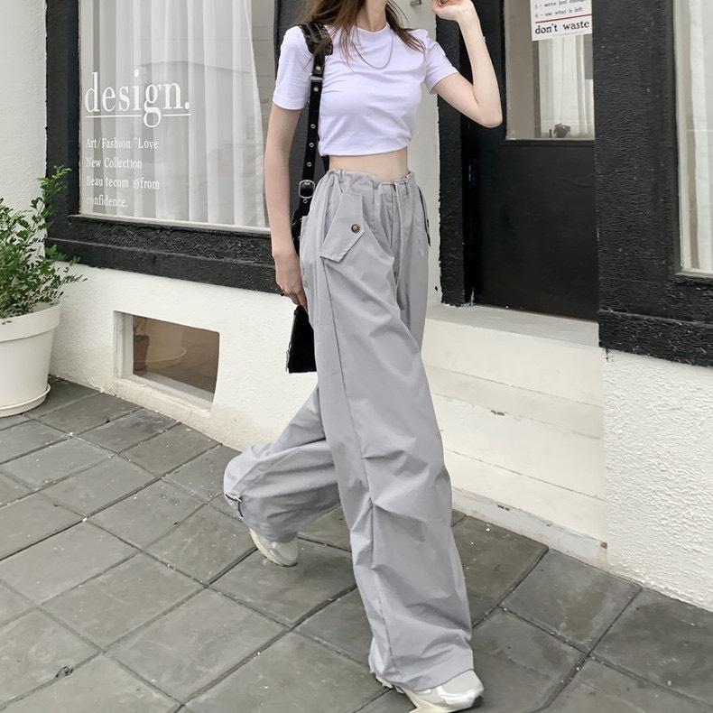 Quần dài ống rộng phối dây rút màu GHI XÁM Nữ Pants Women Ong 6