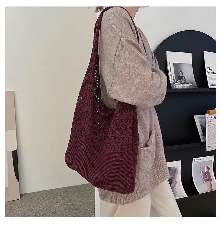 Product Introduction of Woven Bag Tote Bag Vintage Hollow Knit Bag Simple Bags Niche Unique Handbag Women's Bag Solid Color Campus Shoulder Bag good  totes  croissant  bag 11