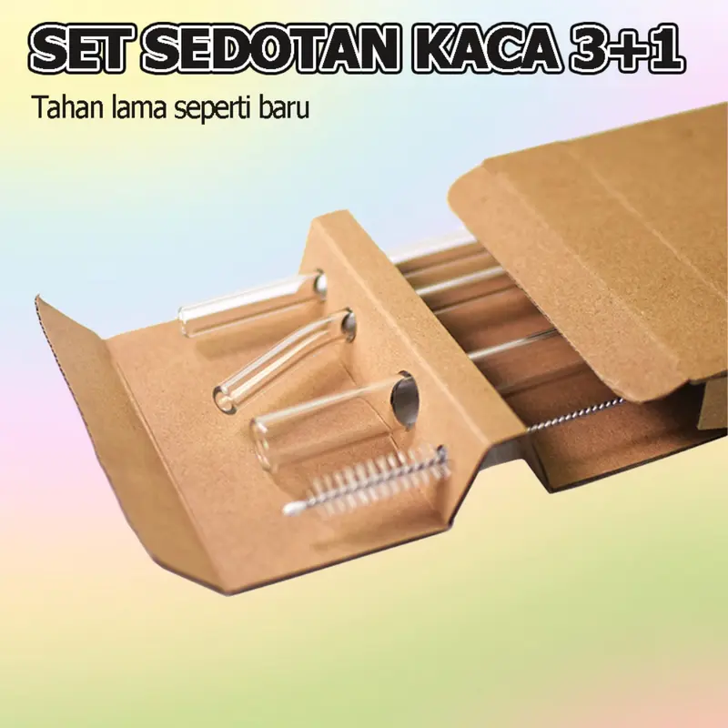 sedotan kaca bening set 4 pcs sedotan gelas transparan glass straw boba sikat sedotan food grade clear lurus bengkok estetik aesthetic eco friendly reusable 4in1 1