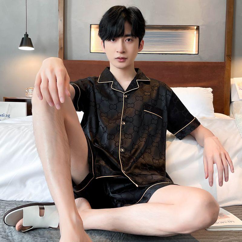 Bộ Đồ Ngủ Lụa Băng Kẻ Sọc Cho Nam, Phong Cách Hàn Quốc, Dáng Rộng, Thường Ngày, Ngắn Tay, 1 Bộ 2