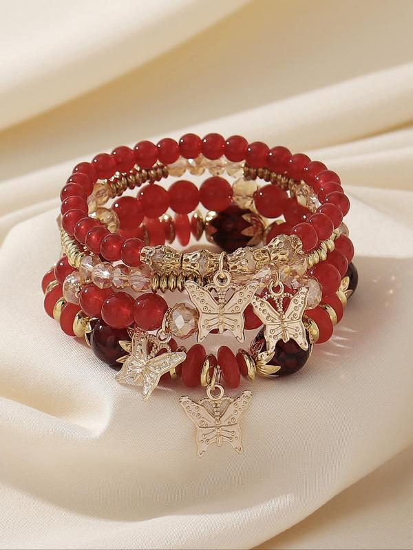 Fashionable Temperament Butterfly Charm Decor Beaded Bracelets, 4pcs/set Boho Style All-match Beaded Bracelet, Fashion Jewelry for Women & Girls 3