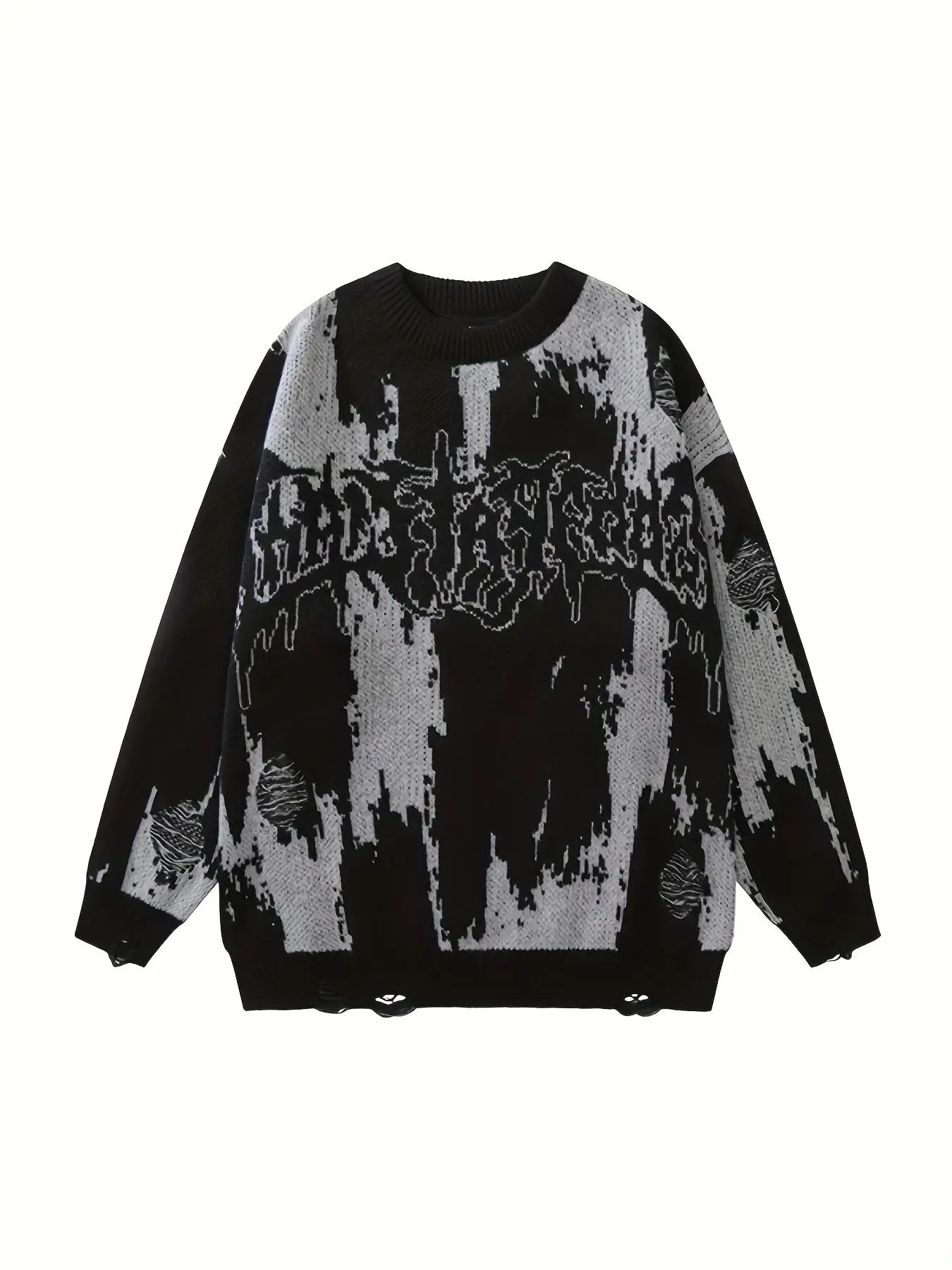 Women's Colorblock & Letter Print Ripped Round Neck Sweater, Casual Drop Shoulder Long Sleeve Graphic Jumper, Sweaters for Women, Ladies Knitwear for Fall & Winter Daily Wear