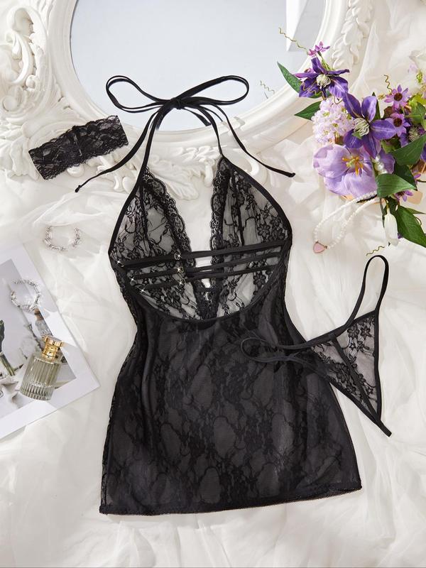 Women's Solid Color Lace  Halter Neck Nightdress & Thong Sexy Sleepwear Set, Sexy Fashion  Tie Back Backless Sleeveless  Nightgown & Panty Set, Women's Sleepwear for All Seasons 1