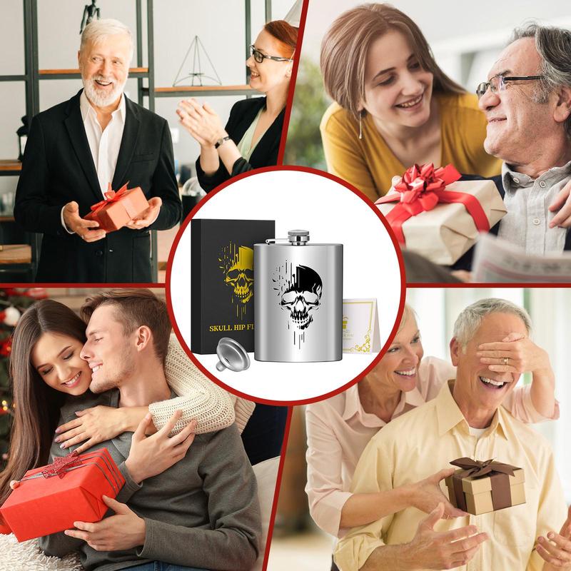Product Introduction of Skull Pattern Hip Flask Set, 1 Count 8oz Stainless Steel Hip Flask with Filter Mouth & Gift Box & Greeting Card, Drinkware for Home & Office 7