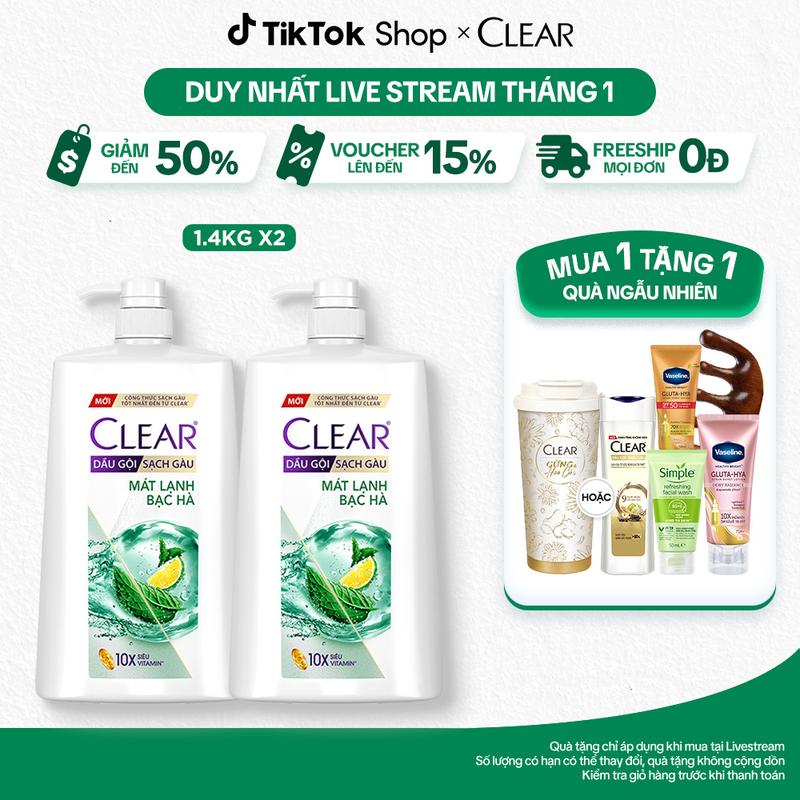 1 Combo 2 Dầu gội CLEAR Bạc hà Dầu Gội Sạch gàu Mát lạnh với 3X Hỗ Trợ Ngăn Gàu Ngứa và Vi Khuẩn 1.4kgx2