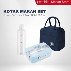 Eatkit 3 - in - 1 Lunch Box Set 1000ml: Kotak Bekal Jerami Gandum + Tas Lunch Bag + Botol. Bahan PP Wheat Straw, Aman (BPA Free), Kedap Udara. Dapat Lemari Es & Microwave, -20~110℃. Free Sendok & Sumpit. Warna Pink/Biru/Hijau