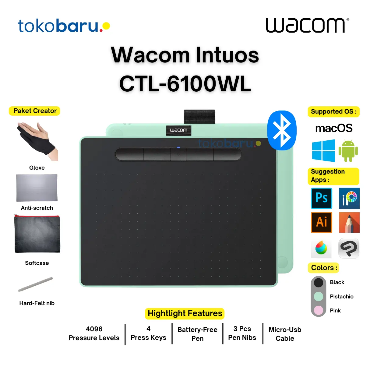 Wacom Intuos Medium CTL-6100WL Bluetooth Pen Tablet Drawing Education
