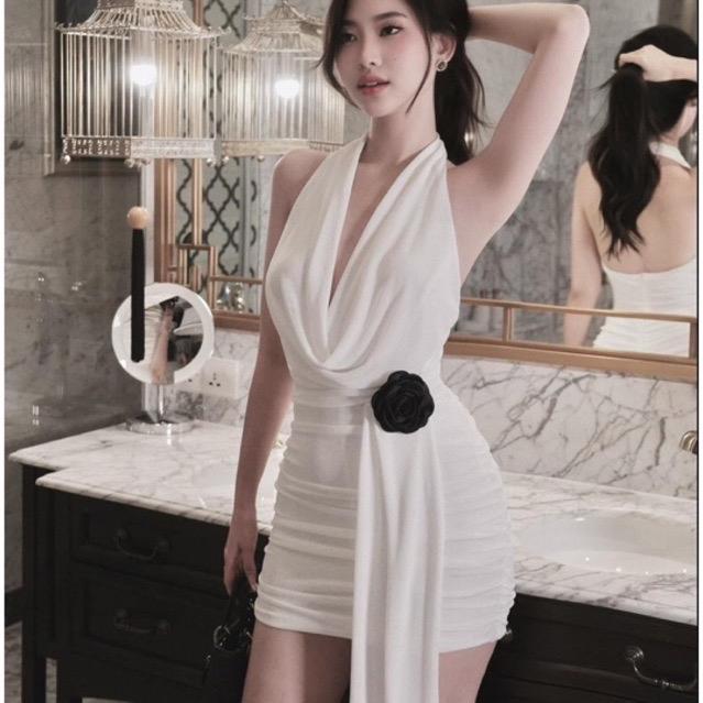 Đầm Nhũ Body Cao Cấp Tag Hoa Hồng Vạt Dài Hơt Lưng Ôm Dáng Siêu Đẹp Nhung Màu Trắng Freesize 55kg - Đen Nữ Women Dress