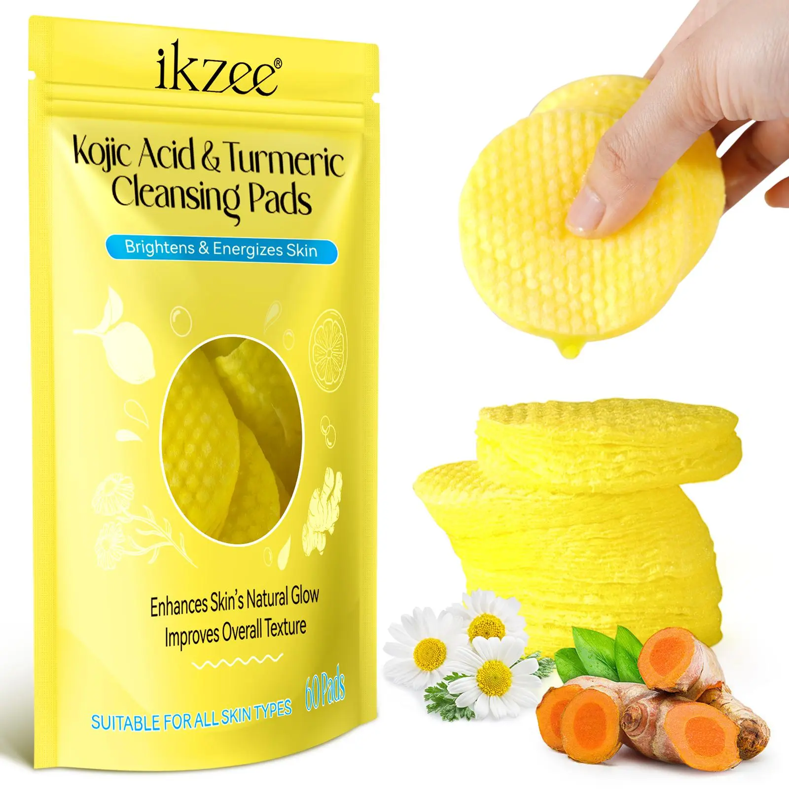 Kojic Acid & Turmeric Cleansing Pads, 60pcs/set Gentle Exfoliating Pads, Facial Skin Care Pads, Suitable for All Skin Types