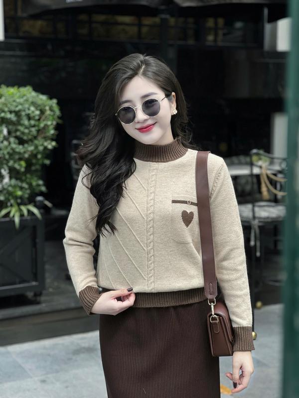  Áo len cúc túi 2806  phối viền cổ nâu len cừu ép dày dặn dành cho nữ Evalover 