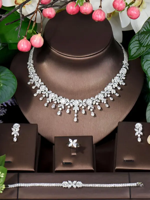 Women's Elegant Rhinestone Decorated Jewelry Set, Exquisite Trendy Necklace & Earrings & Bracelet & Ring, Chic Jewelry Set for Party & Wedding, Dainty Gift for Your Love 3