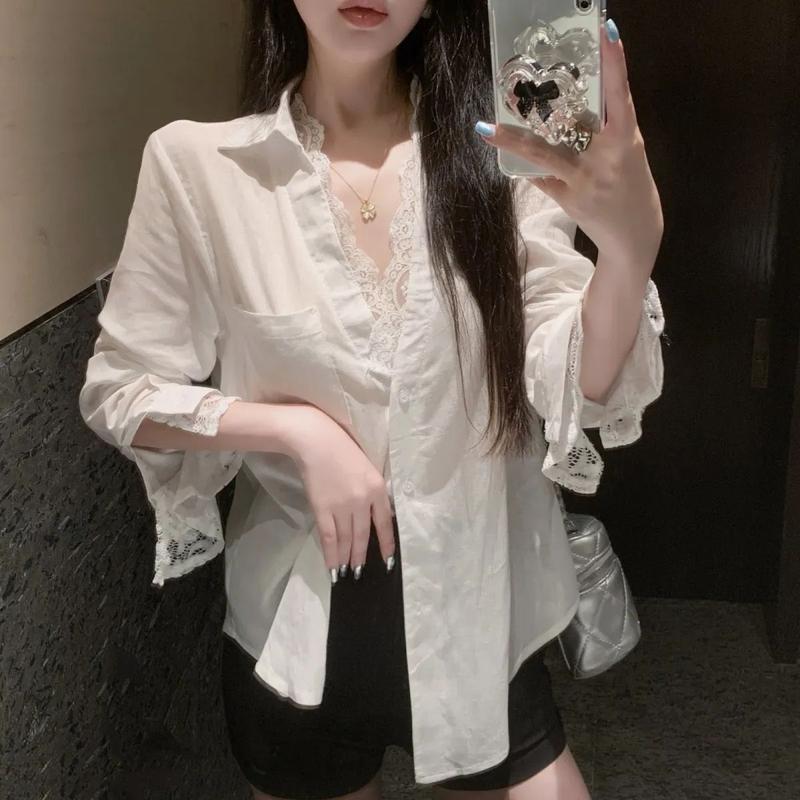 Product Introduction of Áo Sơ Mi Vải Lanh Và Cotton Màu Trắng, Giả Hai Mảnh, Dành Cho Mùa Hè Của Phụ Nữ, Áo Sang Trọng Và Đẹp Cao Cấp Dài Trung Bình Ren Chống Nắng 6