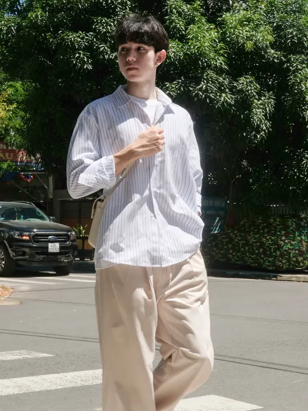 MONAT BLUE Oxford Shirt kẻ to - Áo sơ mi chất vải Oxford kẻ sọc tay dài unisex Menswear Nam Cổ Tròn sơmi sominam  dep 5