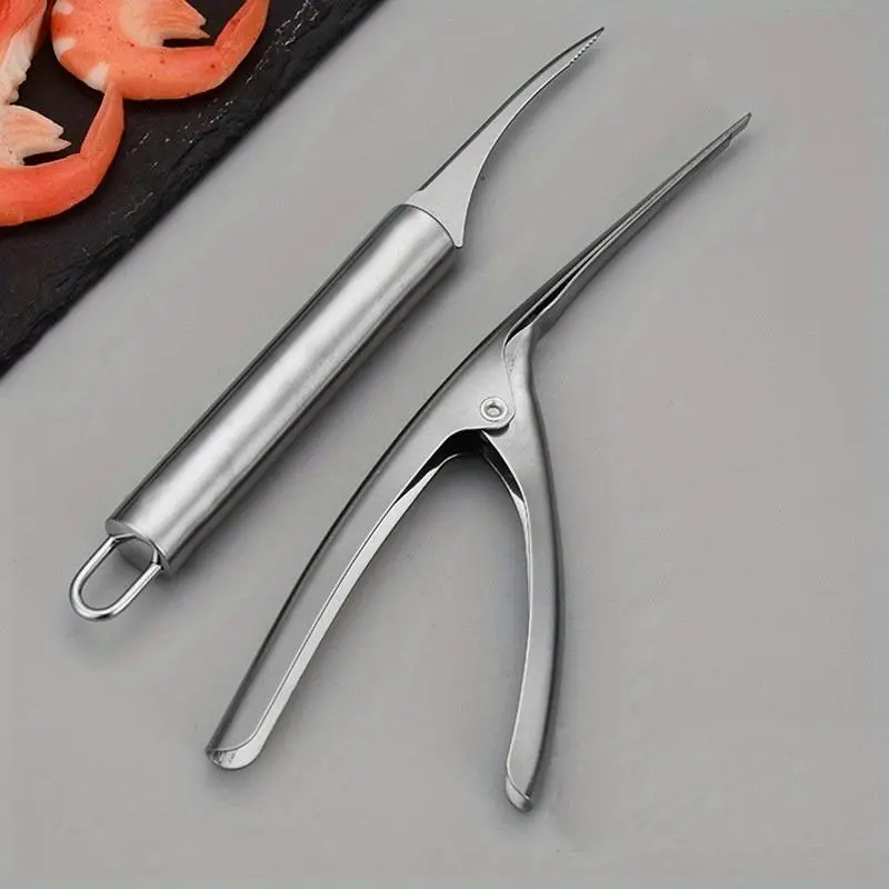 2pcs/set Stainless Steel Shrimp Devein And Peel Tool Set, Portable Shrimp Peeler And Deveiner For Lobster, Prawn, Shrimp Cleaner Knife, Prawn Shell Peeler For Kitchen