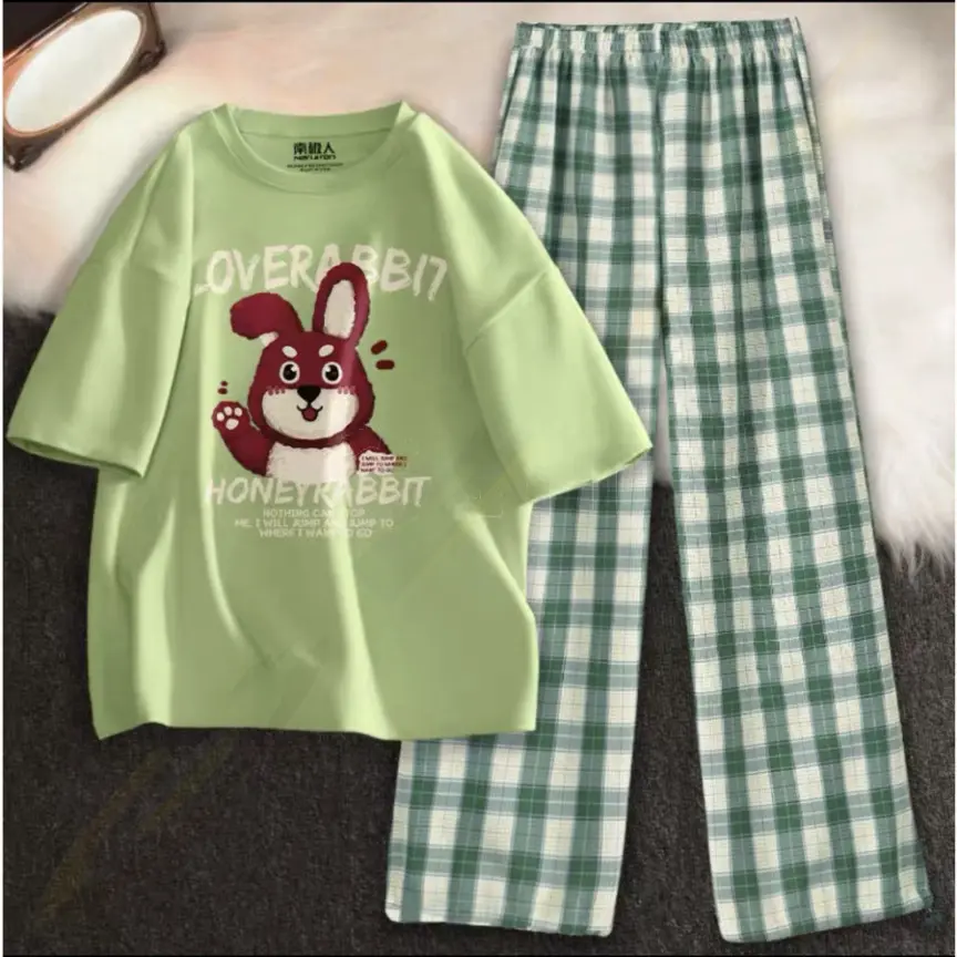 [FREESHIP TỪ ĐƠN 0 đ]Sét Áo phông LoveRabbit Kèm quần kẻ Karo nhiều màu, Áo thun from rộng, Chất đẹp không xù, quần suông ống rộng  I -NGỌC SURI FASHION