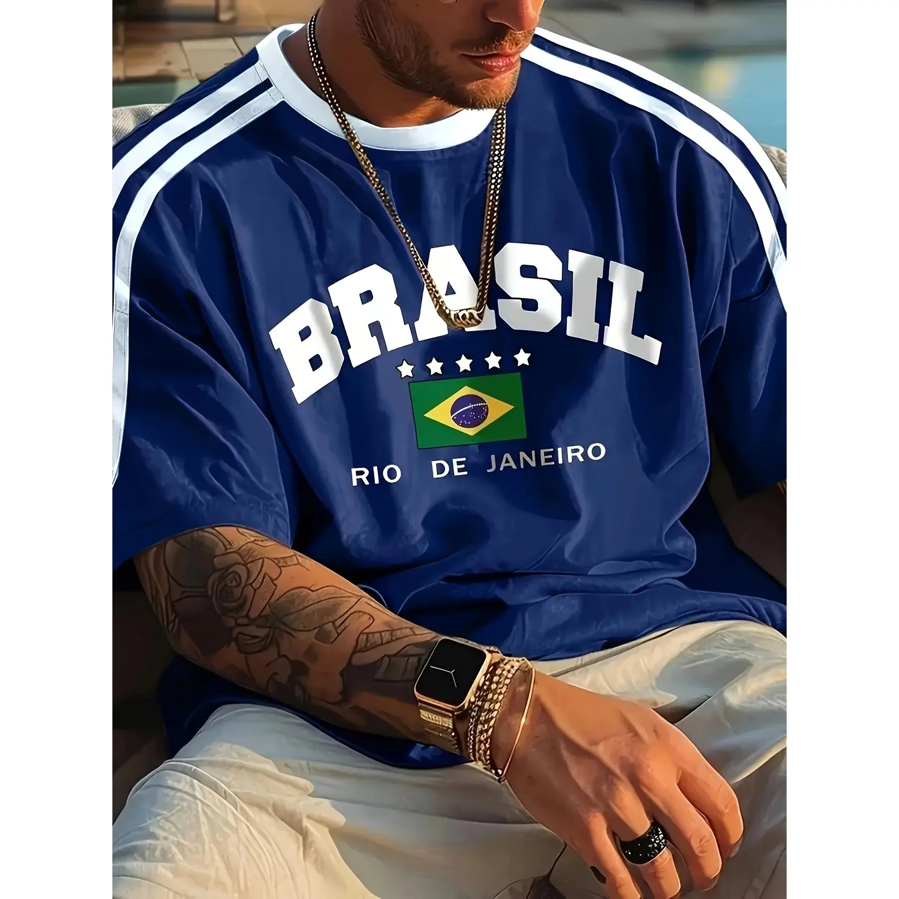 Large Size Men's Brazilian Style Casual Short Sleeve T-shirt, round Neck, Polyester Knitted Fabric, Slight Stretch, Regular Version, Printed Full Body, Suitable for Sports and Leisure Style Top
