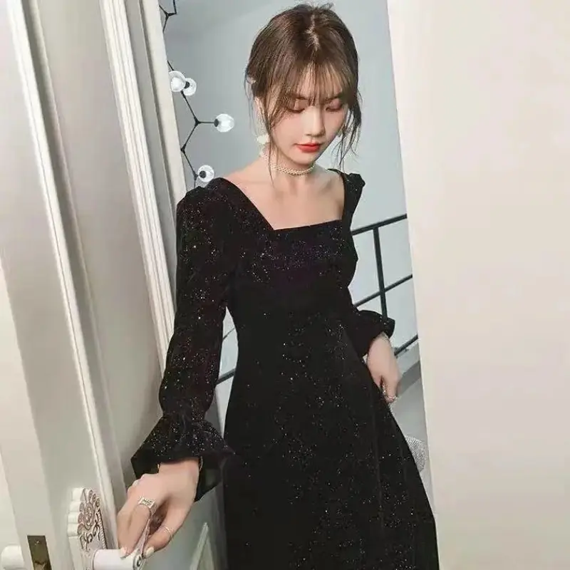 Bộ Đồ Ăn, Hàng Mới Về Mùa Thu Và Mùa Đông, Dài Và Thanh Lịch, Cổ Vuông, Váy Màu Đỏ Rượu Vang, Eo Bó Sát, Thích Hợp Mặc Hàng Ngày, Phong Cách Thanh Lịch 7
