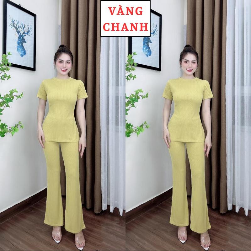 S18 Set bộ áo cổ tròn tay ngắn xẻ tà Store Phương Linh quần óng loe chất len sọc dày dặn đủ size S, M, L, XL, XXL phù cho các dịp thông thường Có thể giặt bằng máy 8