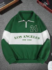 Men's Colorblock Letter & Number Print Half Zip Sweatshirt, Regular Fit Stylish Casual Long Sleeve Collared Pullover for Fall, Fashion Men's Clothes for Daily Wear