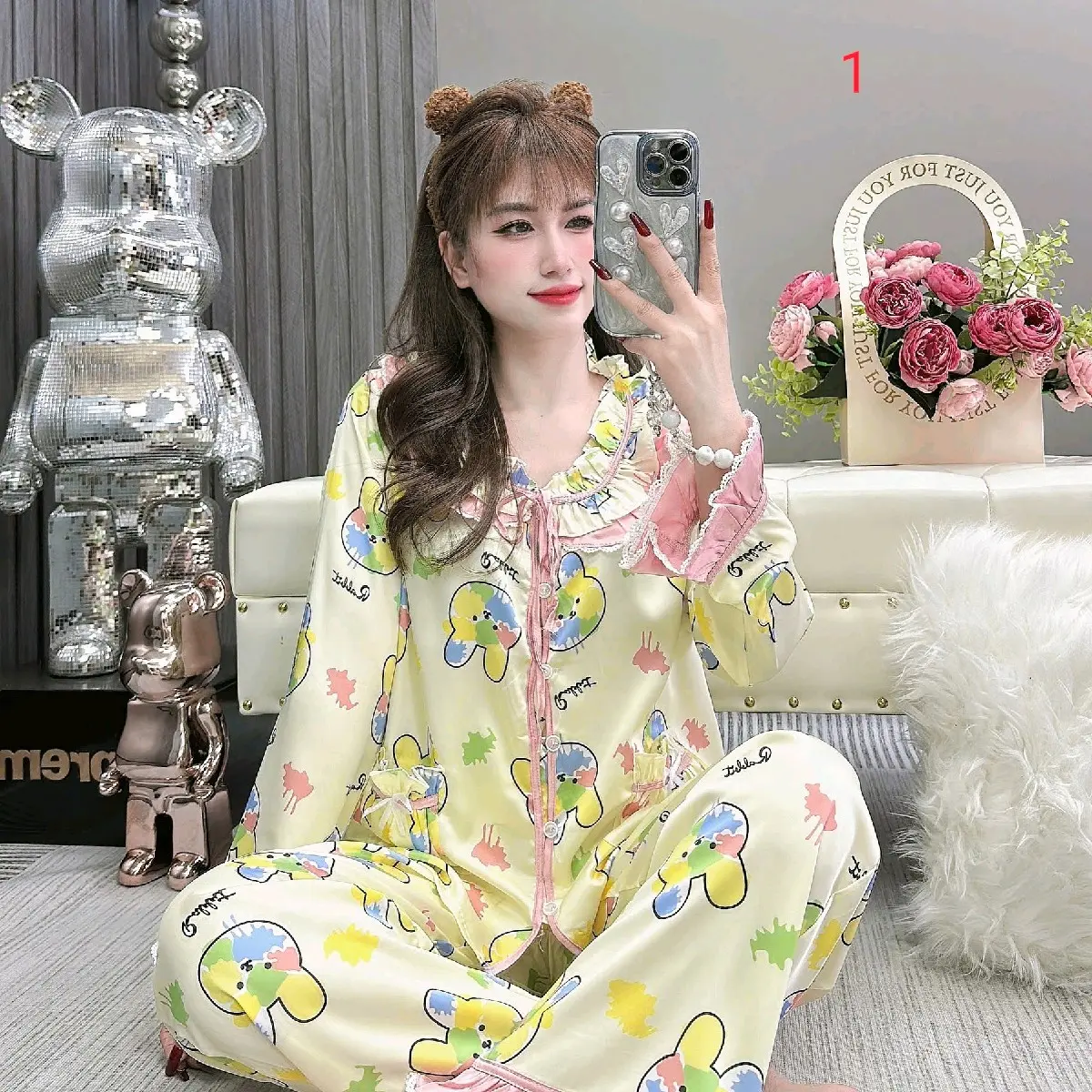 40_60 kí pijama TDQD tiểu thư cổ bèo lụa latin mềm mịn dễ thương