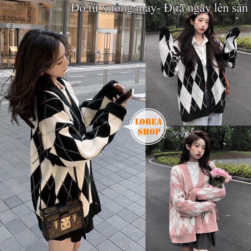 Áo Khoác áo Cardigan in hình Kẻ Thoi  Be viền Xanh Nâu viền túi Trắng đen Form Rộng Đen/ Hồng Chất Nỉ Bông hot 2024 Nữ Women Top Jacket áodạ tweet