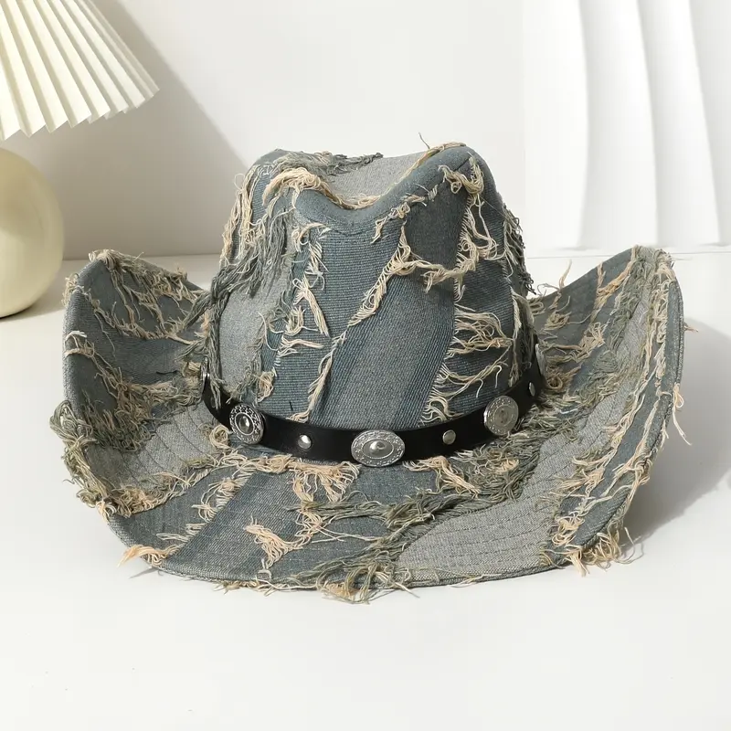 Retro Blue Western Cowboy Hat Women, Wide Brim Straw Rider Hat, Casual Outdoor BBQ Camping Photo Party Fashion 4