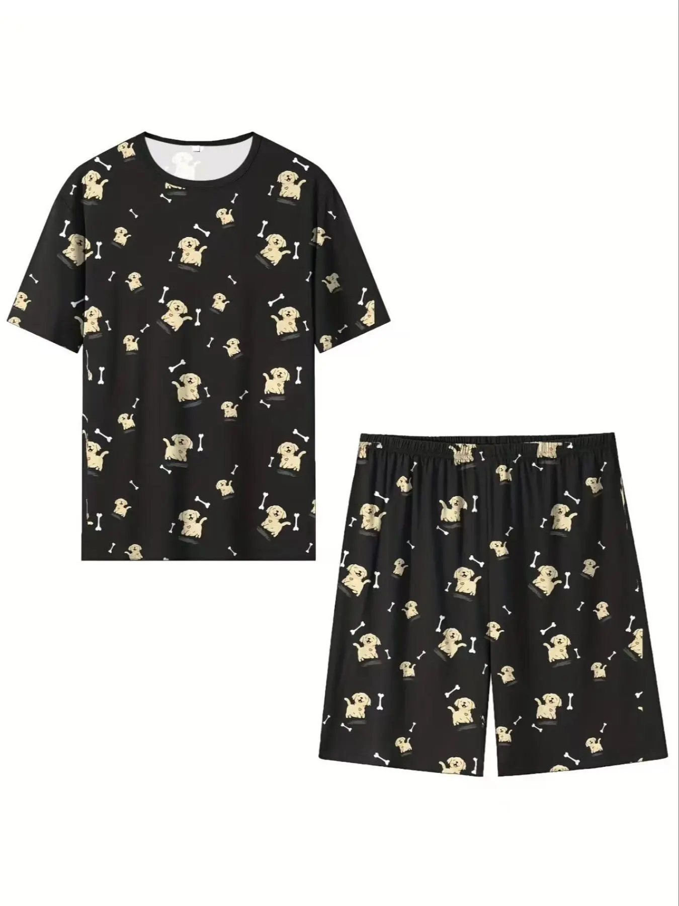 Men's Cartoon Dog Print Crew Neck Tee & Elastic Waist Shorts Loungewear Two-Piece Set, Regular Fit Casual Comfy Round Neck Short Sleeve T-shirt & Shorts PJ Set, Men's Sleepwear for Summer, Pajamas