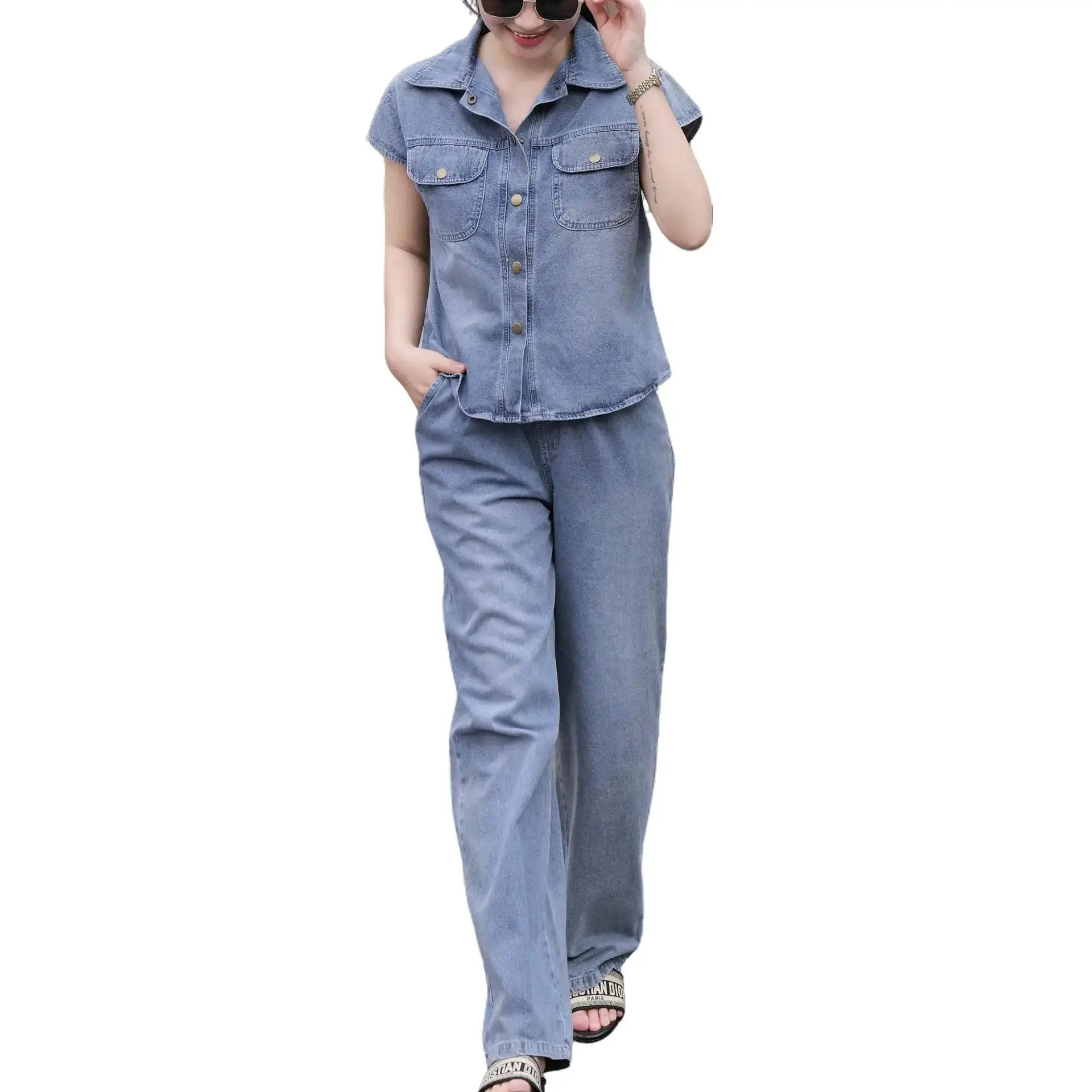 Bộ jeans  Nữ Gồm Áo Tay Hến Cổ Sơ Mi Kèm Quần Dài Suông Lưng Thun Co Giãn Tốt MS-167 Women Kem bộ bò thổ  quảng châu đồ  bộ Top Pants Jacket