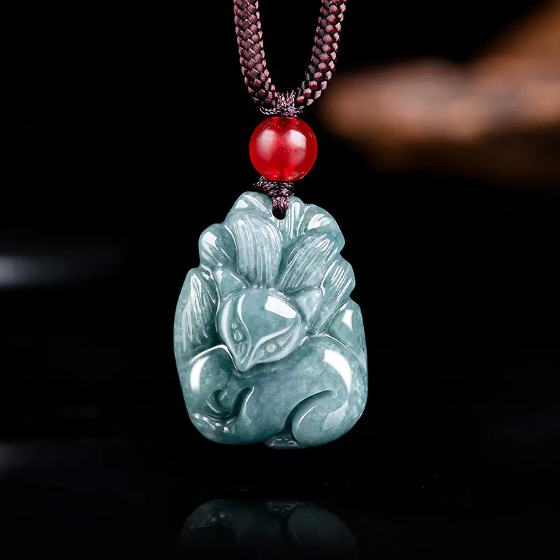Genuine natural A jadeite blue water fox nine-tailed fox glutinous seed jade pendant pendant high-end men's and women's wholesale