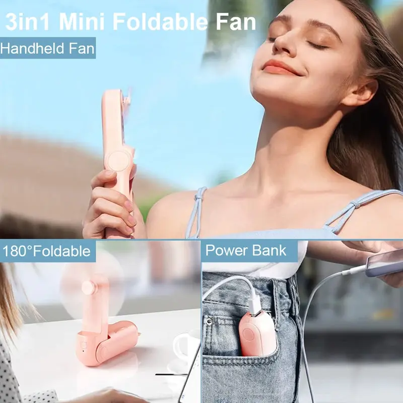 Portable Fan Super Mini Handheld Fan USB Rechargeable Fan Foldable Hand Held Small Pocket Fan with 2000mAh Power Bank 3 Gears 1