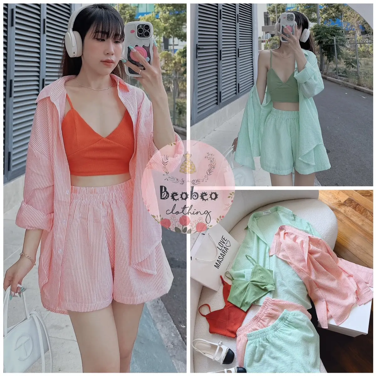 Set 3 món áo sơ mi sọc kèm quần short