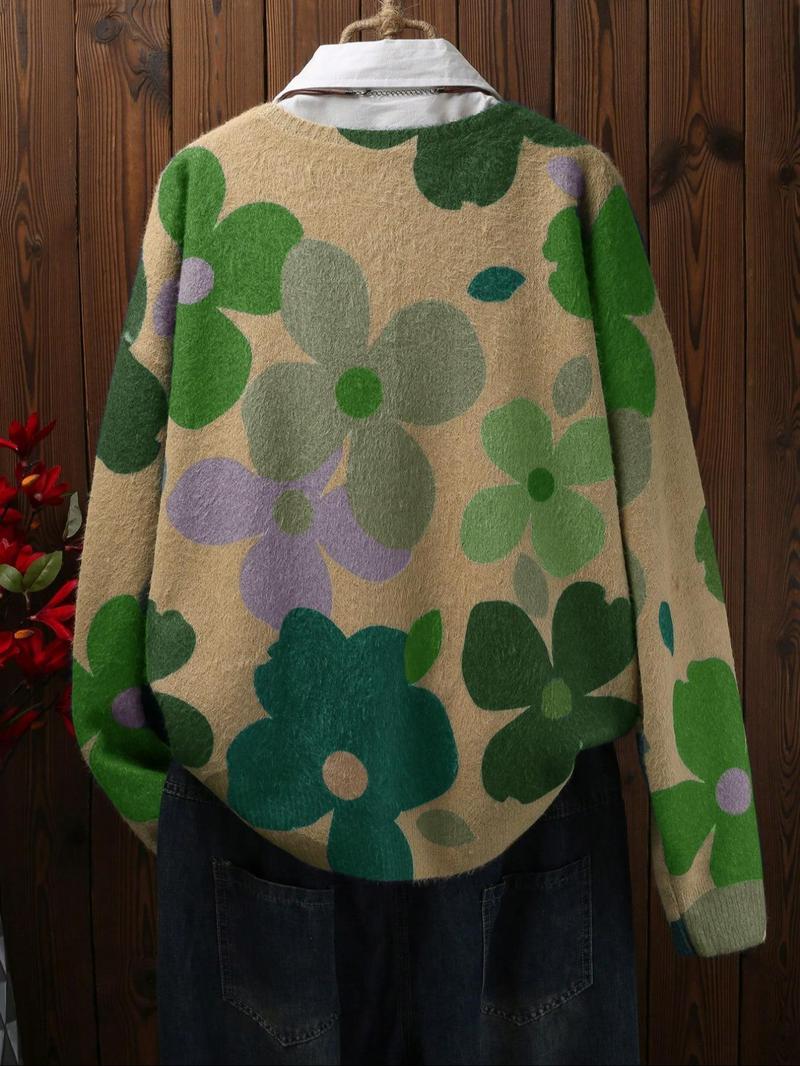 Product Introduction of 【Plus Size】 Floral Pattern Button Front Cardigan, Casual Open Front Long Sleeve Cardigan Sweater for Fall & Winter, Women's Clothing for Daily Wear 2