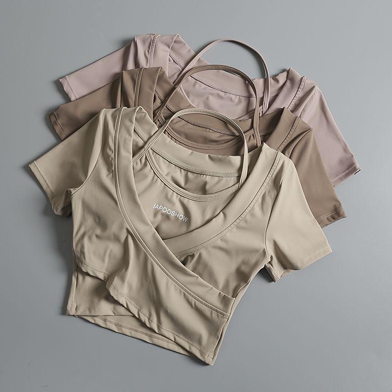 Product Introduction of Áo Crop-Top, dành cho nữ, ngắn Tay, bó sát, hai mảnh giả, thích hợp cho tập luyện, chạy, tập luyện, Yoga, áo phông với đệm ngực 3