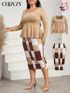 CURVZY Plus Size Plain Square Neck Top & Plaid Print Skirt Two-piece Set, Elegant Long Sleeve Top & Skirt for Work Office Business, Women's Clothes for Spring & Fall