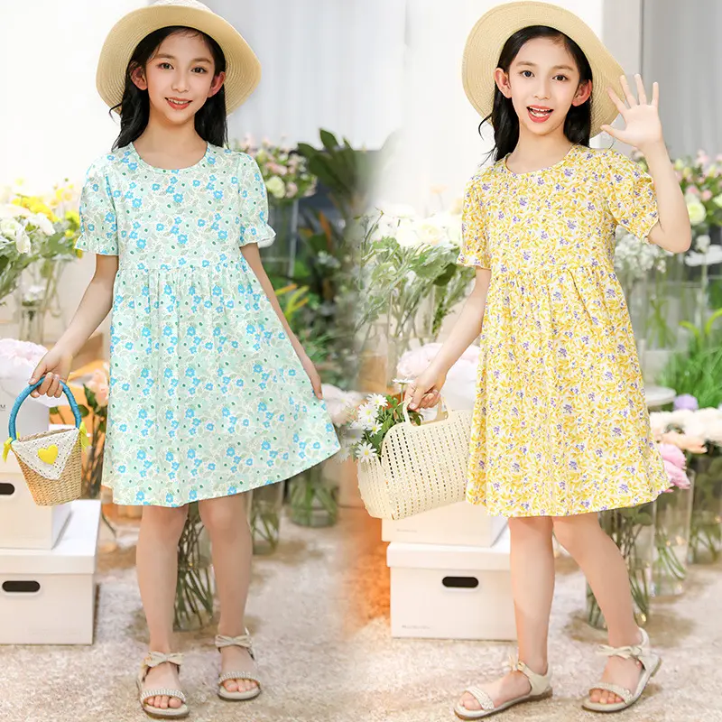 Baby Girl Stylish Floral Dress Summer 2025 Pure Cotton Girls' Dress Korean Cute Puff Sleeve Princess Dress