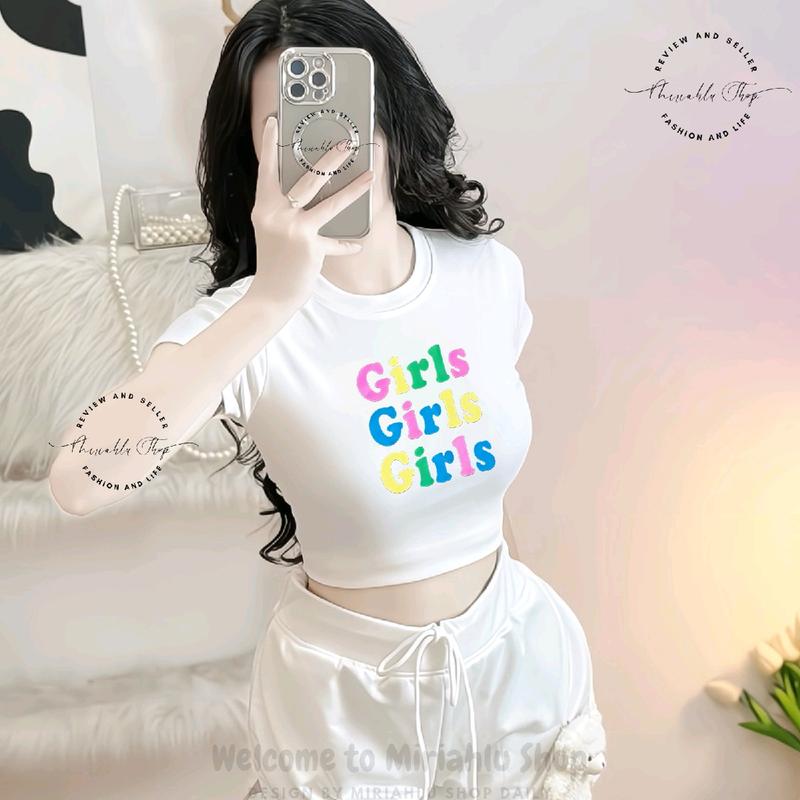 Áo Croptop Borip Ôm Body Nữ Form Basic Cổ Tròn Tay Ngắn In Chữ Girl, Women Thun Sen Sò Hoa Sen Trắng Kem Tre Tim Lịch Dáng Ngắn