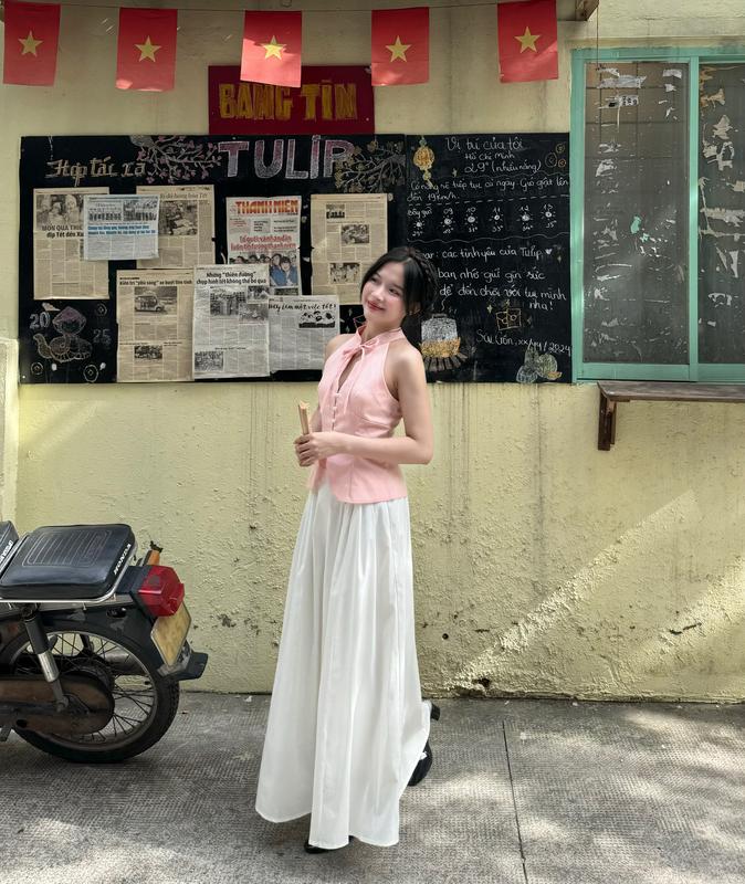 Set áo cổ yếm Tết và chân váy xoè form dài nữ tính - Set yếm Đào JUICY CLUB - Có tách set 4