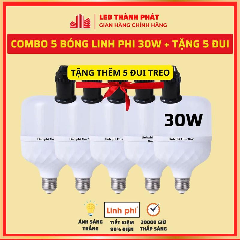 COMBO 5 Bóng đèn LED LINH PHI 30W + TẶNG 5 ĐUI siêu sáng tiết kiệm điện, LED BULB trụ chống nước