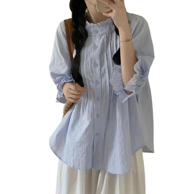 BARE_Áo kiểu nữ cổ trụ viền bèo bo tay tông màu pastel siêu xinh - A232 Top Cổ Tròn Sơ Mi Trắng Women Đen