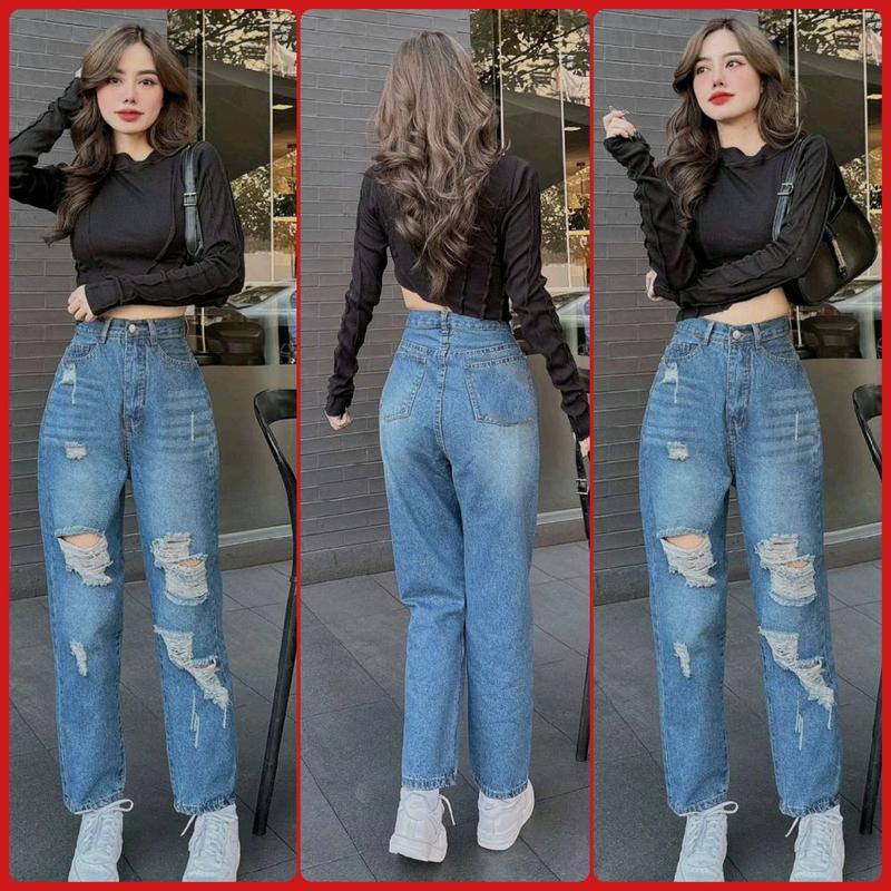  Quần Baggy Jean Lưng Cao Rách Màu xanh nhạt,jean cotton mềm không giản 3320 - rách bui Nữ Women Pants Kem 