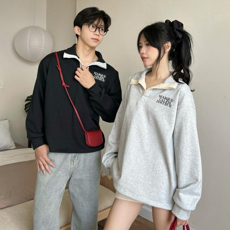 [ KHÔNG XÙ LÔNG ] - Áo nỉ Polo sweatshirt XẺ TÀ  phối viền cổ chữ thêu chất nỉ chân cua  form unisex nam nữ - Xmas